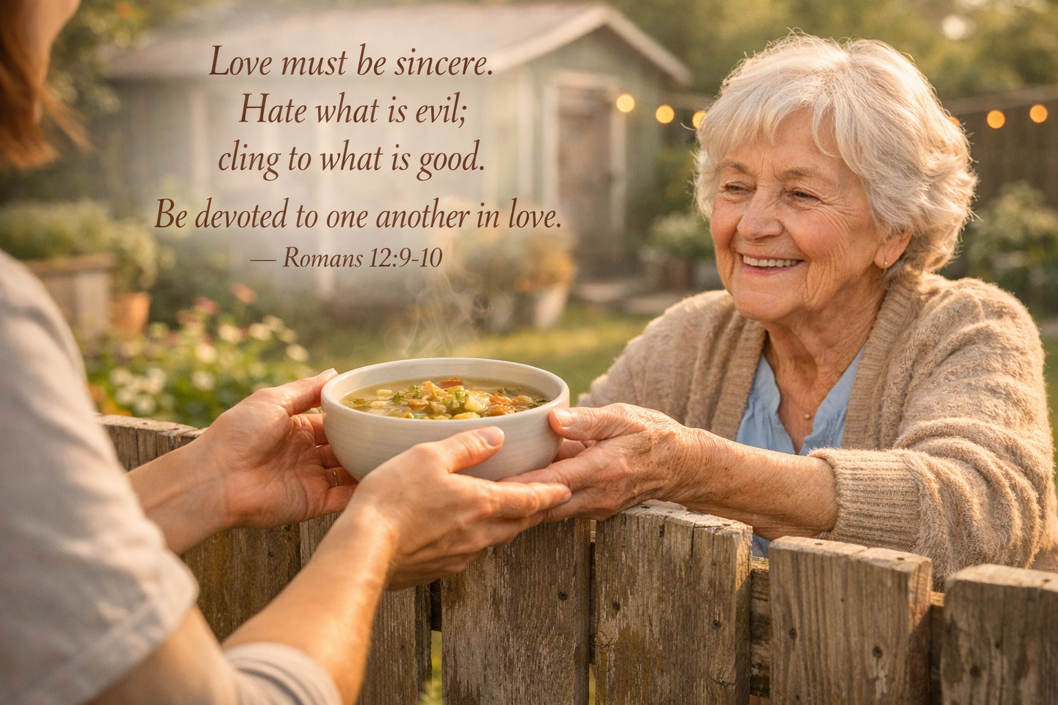 Bible verse wallpaper Romans 12:9-10 with neighbor passing soup to elderly woman over garden fence